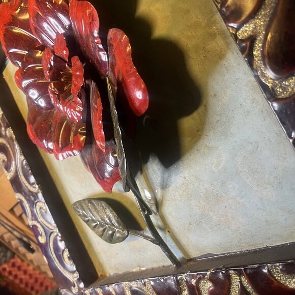 Large Bronze Metal Red Floral Wall Art Enamel Modern Leaf Country Decor 20"x20" - Picture 5 of 7